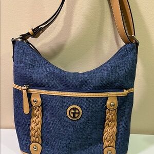 Giani Bernini Blue and Tan Shoulder Bag with Gold-Tone Hardware
